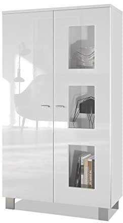 Vladon Vitrine Denjo, Made in Germany, Standvitrine mit 2 Türen und 3 Glaseinsätzen, Weiß matt/Weiß Hochglanz (71 x 129 x 35 cm)