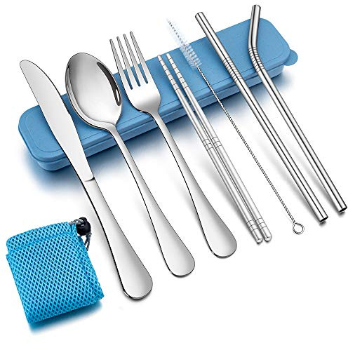 TEAMFAR campingbestick, 9 delar utomhus resebestick vandringsbestick av rostfritt stål, picknick bestickset med kniv gaffel sked, ätpinnar, metallsugrör, rengöringsborste, blått fodral och väska