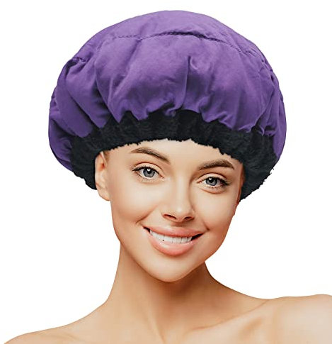 MQUPIN - Cuffia termica per il condizionamento profondo, per microonde, 100% semi di lino naturale, per acconciature a vapore e vapore, per la cura dei capelli, con 10 cuffie da doccia usa e getta