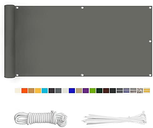 HERILIOS Balkon Sichtschutz, Balkonabdeckung 220 g/m² Innen Balkonverkleidung UV-Schutz (210Größen&21Farben) Ohne Bohren mit Ösen Kabelbinder und Kordel für Balkongeländer Terrasse,80X200CM Grau