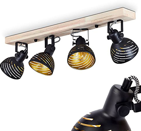 Deckenleuchte Osina, Vintage/Retro Deckenlampe aus Metall/Holz in Schwarz/Gold/Natur, drehbare Schirme mit Lichteffekt an der Decke, 4-flammig, 4 x E14, ohne Leuchtmittel