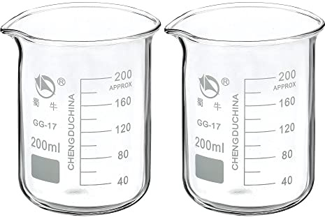 PATIKIL 200ml Low Form Glass Beaker, 2 Pack 3.3 Borosilicate Glass Graduated Printed Scale Measuring Cups with Spout for Kitchen Lab Liquids Transit Boiling