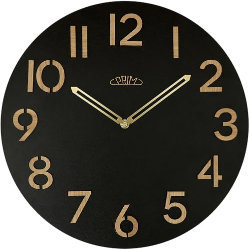 PRIM Authentic Veneer 38cm Wanduhr Holz Made in EU, Wanduhr modern, Dunkles Holz, Schwarz/Hellbraun Ausgeschnitzte Ziffern, ∅ 380 mm, Quarz-Schrittmotor, für die Küche, Büro oder Wohnzimmer