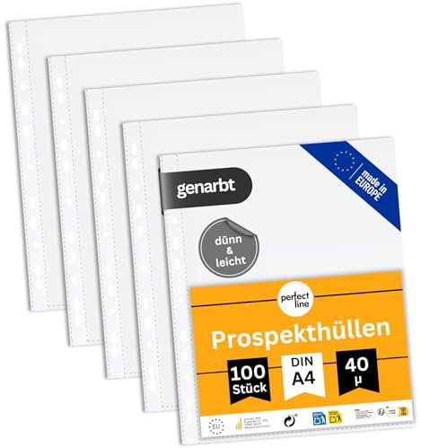 perfect line - 100 Prospekthüllen DIN-A4 - Klarsichtfolien transparent genarbt - Stärke 40 my - sehr dünn, leicht, platzsparend - dokumentenecht, säurefrei