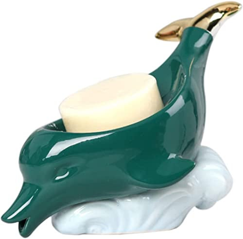 Soap DishSoap Tray，Soap Drainer rack，European Style Bar Of Soap Holder, Ceramics Dolphin Styling Soap Dishes For Bar Soap, Porcelain Self Draining Soap Dish-white-18.5x8.5x14.5cm (Color : Dark Green
