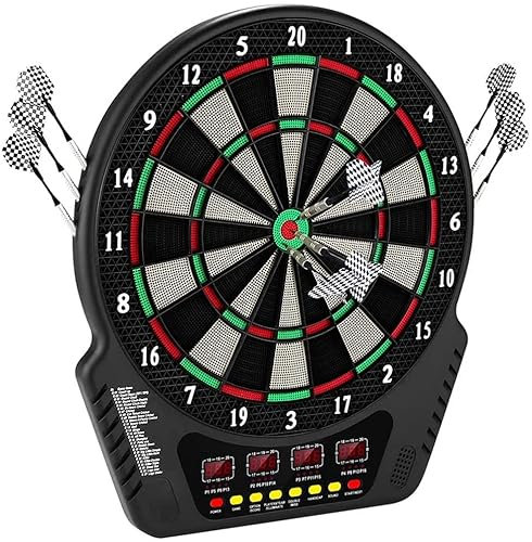 Elektronische Dartscheibe, E-Dart Dardboard mit 4 LCD-Anzeige und Ladeadapter Geeignet, 6 Darts und 24 Pfeilkopf 27 Spiele mit 243 Spieloptionen Profi Elektronik Dartspiel