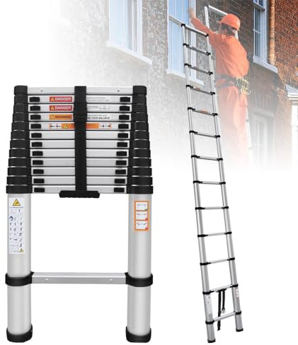 Échelle Télescopique 5M/16,4FT, Multi-Fonction Extensible Aluminium Escabeau, Télescopique Extensible, Escabeau Antidérapant, Capacité de Charge de 150 kg - Argenté