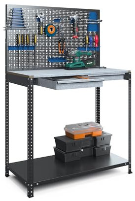 BAUDIM - Multifunktionaler Werkbank Werktisch: Viel Stauraum, individuelles Design - Ideal für Jede Werkstatt als robuste Arbeitstisch und praktische Werkzeugbank Werkbank 150x100x50cm Metall
