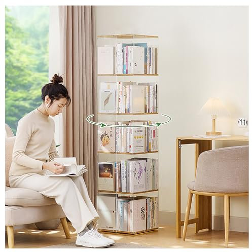 Durchsichtiges, um 360 Grad drehbares Bücherregal aus Acryl, drehbares Bambus-Bücherregal, drehbarer Bücherregal-Turm, drehbares Aufbewahrungsregal, Standregale mit offenem Design, Regal für Wohnzim