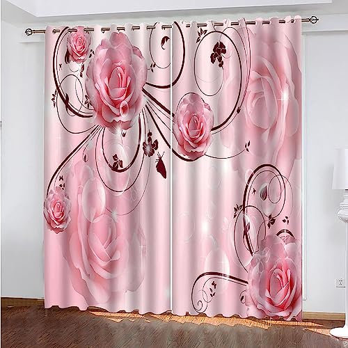Blackout Curtains Eyelet For Living Room Pink Rose Creative 3D Printing Blackout Curtains Super Soft Thermal Insulated Blackout Curtain Bedroom Chil