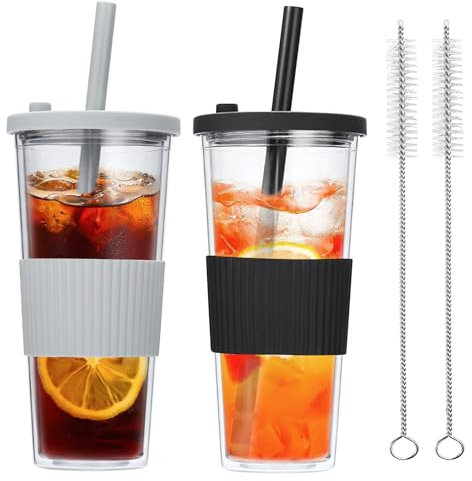 BYZESTY Bolla Tea, 2 bicchieri da tè Boba da 24 oz, riutilizzabili con coperchio e cannuccia, bicchieri di plastica isolati a doppia parete, bicchieri trasparenti per tè alla frutta