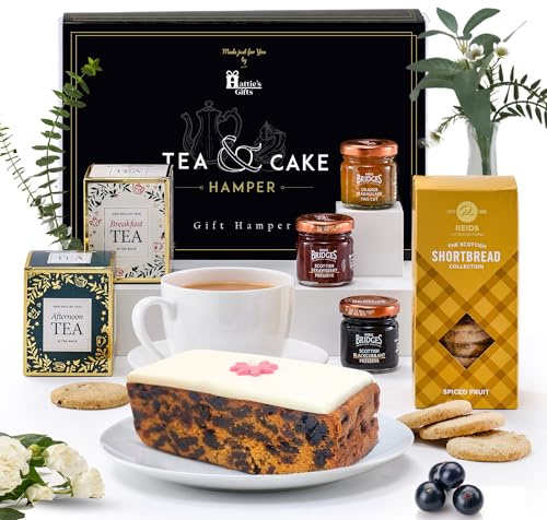 Hattie's Gifts Tea and Cake Hamper | Breakfast & Afternoon Tea Selection, Iced Fruit Cake, Shortbread & Jams – Luxury Gourmet Gift