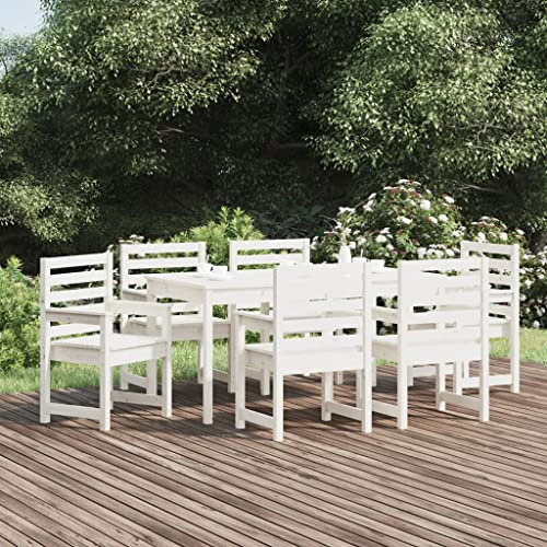 Rantry 7-TLG. Garten Essgruppe Sitzgruppe mit Gartenstuhl Gartenmöbel Set Essgruppe Gartengarnitur Sitzgarnitur Gartentisch mit Stühlen Balkonmöbel Terrassenmöbel Weiß Massivholz Kiefer