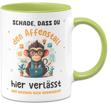 Tasse zum Abschied - Schade, dass Du den Affenstall hier verlässt - Kaffeetasse lustig mit Spruch als Abschiedsgeschenk für Kollegen, Kollegin zum Jobwechsel (Hellgrün)