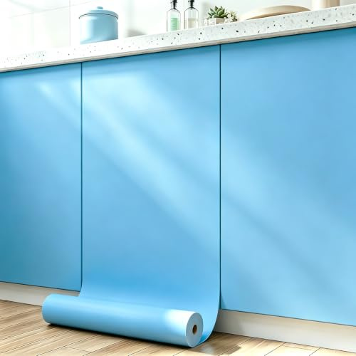 FunStick 60CM×5M Papier Peint Adhesif Bleu Clair Papier Peint Autocollant Mural Chambre Salon Amovible Papier Peint Enfant Garçon Bleu Rouleau Adhesif pour Meuble Cuisine Papier Adhesif Bleu Armoire