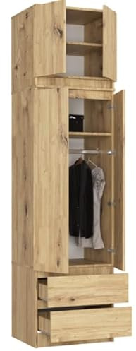 BDW garderob med tillbehör, 4-dörrars garderob, 2 lådor, garderob för sovrummet, vardagsrummet, hallen, 234 x 60 x 51 cm (Hantverkare ek)