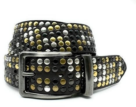 PASSIONE Ceinture homme haute 35 mm – Cuir véritable – Couleur tête de Moro – Entièrement clouté – boucle à cliquet – Fabriqué en Italie, Clous dorés, Tutte - regolabile