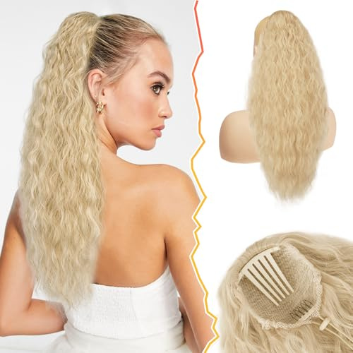 BARSDAR Pferdeschwanz Haarteil, 56cm Lang Wellige Lockige Pferdeschwanz Verlängerung mit Kordelzug Synthetik Comb Clip in Ponytail Extension für Damen - Beige Blond Gemischt