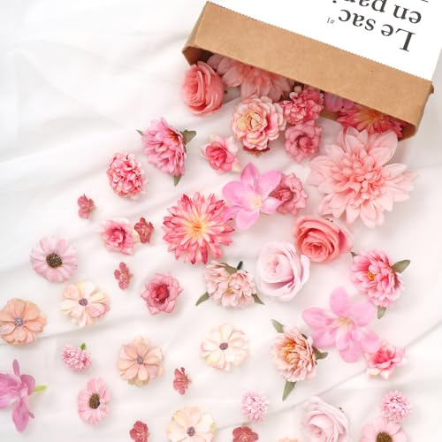 DEMIUKO 58 PCS Artificial Flower Heads Pink Small Fake Flowers Decor with 16 Styles Mini Silk Dahlia Rose Peony Faux Flower Heads Bulk Mix Set for DIY Crafts Hair Accessories Cake Decor Party Wedding
