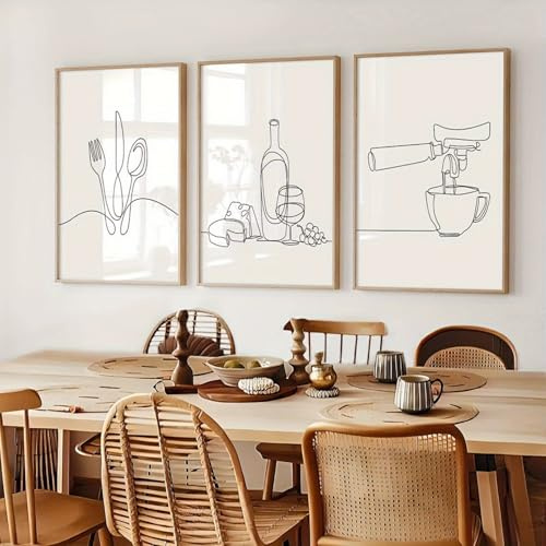 Generisch 3er Set Nordic Minimalist Küche Strichzeichnungen Esszimmer Wein Tee Bilder Küche Schwarz Weiß Leinwand Gemälde Café Shop Poster Home Decor （Kein Rahmen） (50×70)