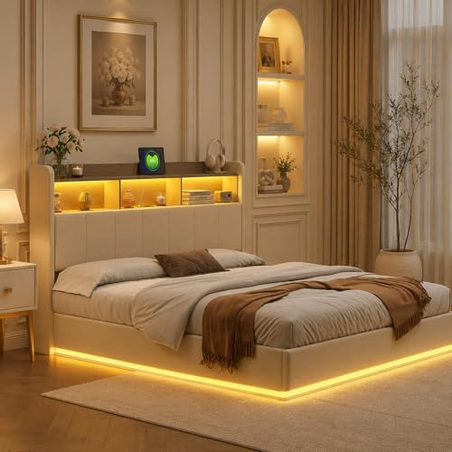 LKPOMI Bett mit Stauraum und Lattenrost, 140x200 Polsterbett Doppelbett mit LED-Beleuchtung, Stauraumbett Jugendbett Bettgestell, Samt, Ohne Matratze (Weiß C, 140 x 200 cm)