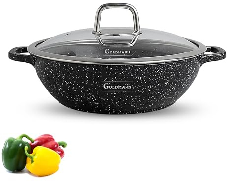 GOLDMANN Premium Gussaluminium Servierpfanne 28 CM (4.1L) mit Glasdeckel – Keramik Marmor Antihaftbeschichtung, Für alle Herdarten inkl. Induktion, PFOA-frei & Spülmaschinengeeignet