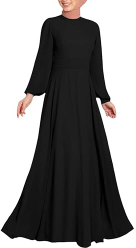 Caftan pour femme - Taille haute - Manches lanternes - Col rond - Ourlet évasé - Élégante robe de fête musulmane, 01#_Noir, 5XL