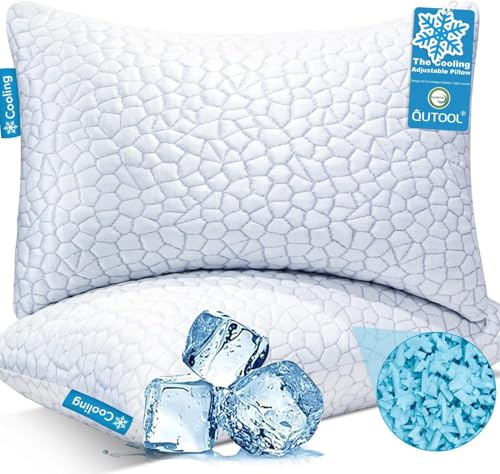 Qutool Cooling Pillows for Sleeping 2 Pack, Shredded Memory Foam Bed Pillows Queen Size Set of 2, Cool Gel Pillow for Hot Sleepers Adjustable Firm Pillow for Side, Back and Stomach Sleepers Supportiv