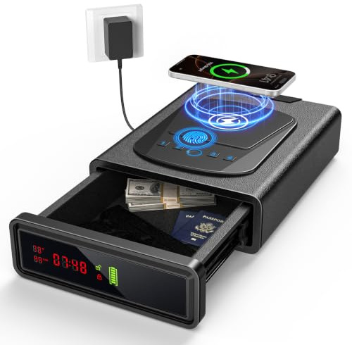 CVLIFE Biometric Gun Safe, Fingerprint Gun Safe with Watch & Phone Wireless Charging, 3-in-1 Alarm Clock Safe, Adjustable LED Light for Home Nightstand Bedside