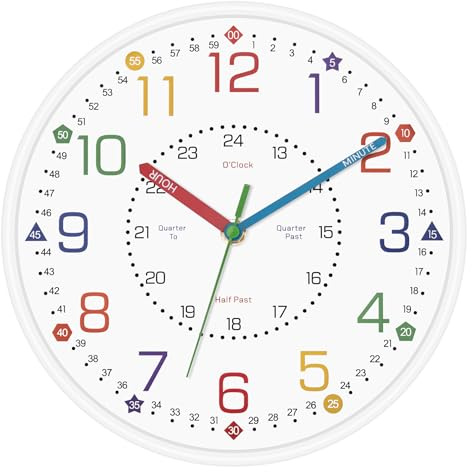 Foxtop 25,4 cm große Lern-Wanduhr für Kinder, geräuschlos, nicht tickend, pädagogische Lehruhr für Klassenzimmer-Wände und Kinderzimmer, bunte analoge Zeitanzeige