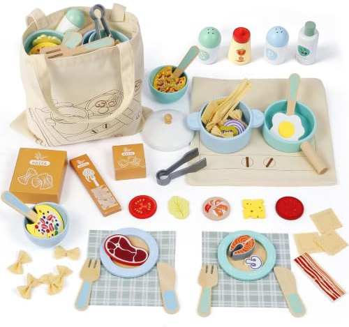 SIMPLIPLAY 63PCS Wooden Play Cooking Set, Play Kitchen Accessories | Montessori Kitchen Set, Play Food Sets for Kids Kitchen with Play Pots and Pans, Play Dishes, Shopping Bag for Kids Toddlers