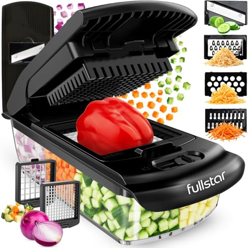 Fullstar Coupe Légumes Multifonctions et Mandoline - Trancheur ou Découpe Cube Oignons Carottes Concombres Frites Fruits - Rapeuse Légume et Fromage - Cuisine Accessoires (PRO 6-en-1 Noir)