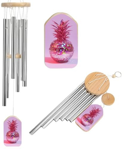 Pink Disco Ball Pineapple Wind Chimes Memorial Deep Tone Windchime with 6 Aluminum Tubes Outdoor Backyard Garden Decoration
