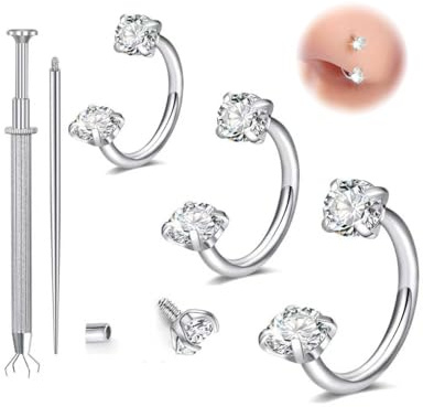 Nymora 3er Set 18G Nasenpiercing Hufeisen Piercing Silber (8mm) mit Griffwerkzeug & Einsetzernadel - Nostril Piercing Schmuck aus Edelstahl