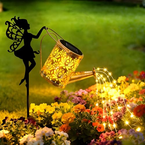 Solar Gießkanne Lichterkette Aussen,Solar Gießkanne Elfe mit Schmetterlinge | Solarlampen für Außen mit Feendesign,IP65 Wasserdicht Metall Solarlampe für Außen,Garten,Hofweg Deko
