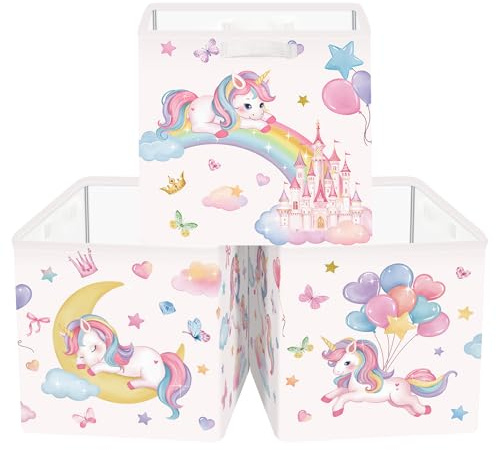 Clastyle 3 Stück Einhorn Kinder Aufbewahrungsbox Kinderzimmer Kallax boxes | Faltbar Spielzeug Aufbewahrungskorb Klein, Storage Box für Bücher Kleidung, Stoffboxen Kisten für Regal, 30x30x30 cm