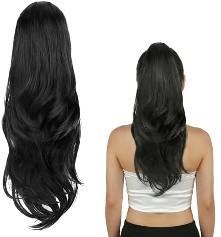 26zoll/65cm Lange Pferdeschwanz Haarteil mit Zugband | Zweischichtige Haarverlängerung Zopf mit Elastiknetz | Aussehender Kunsthaar Zopf für Frauen | Haarteile für Alltag Party Hochzeit Büro (Schwarz)