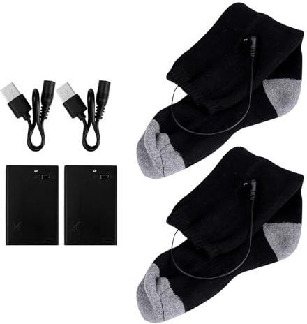 HYTROVE Calcetines Calefactores Eléctricos para Invierno Caja de Batería Recargable USB, Pack 1 Par de Calcetines de Poliéster Negro y Gris, Calentadores Térmicos para Esquí, Senderismo