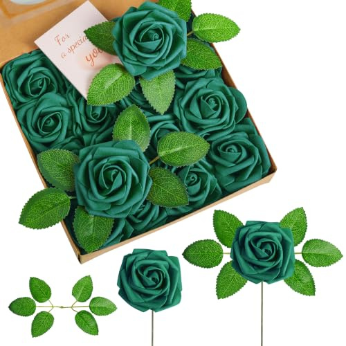 Sahoottie 16 Stück Grüne Künstliche Rosen Grün Fake Rosen Deko Schaumstoff Rose Kunstrosen Blumen für DIY Hochzeit Blumensträuße Party Wohnzimmer Tischdeko Vasendeko mit 17cm Stiel 6 Blätter