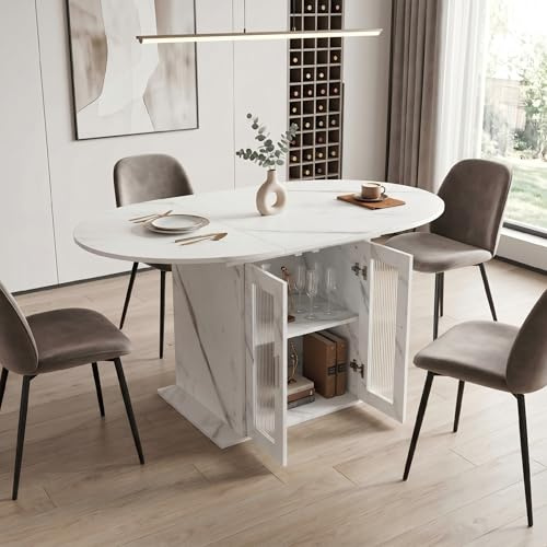 CKKNN Utdragbart matbord med förvaringsutrymme, 100–140 cm, utdragbart ovalt, bord, utdragbart, runt med förvaringsutrymme, för ett litet kylskåp, matbord för kök, vardagsrum (vit)