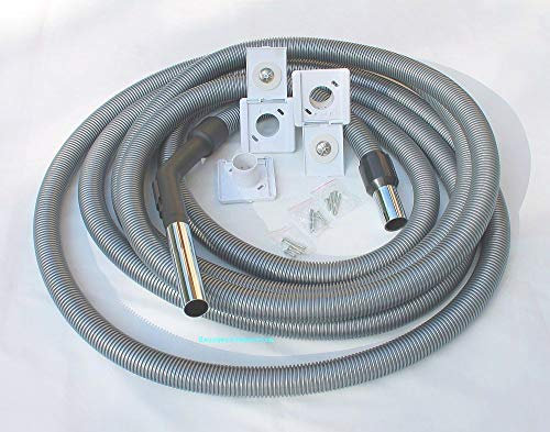 ZENTRALSTAUBSAUGER SCHLAUCH STANDARDSCHLAUCH OHNE NIEDERSPANNUNG geeignet,Saugschlauch 32mm, 9m Schlauchlänge,silber + Handgriff mit Chromstutzen 32mm und stabiler Chrom-Steckmuffe mit 3 Steckdosen incl.Befestigungsschrauben