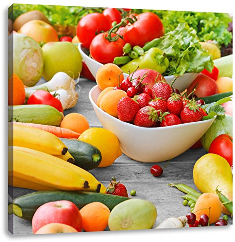 Pixxprint Buntes Obst und Gemüse Schwarz, Weiß, Größe: 70x70, Leinwandbild Quadratisch, Wandbild, Kunstdruck, fertig bespannt