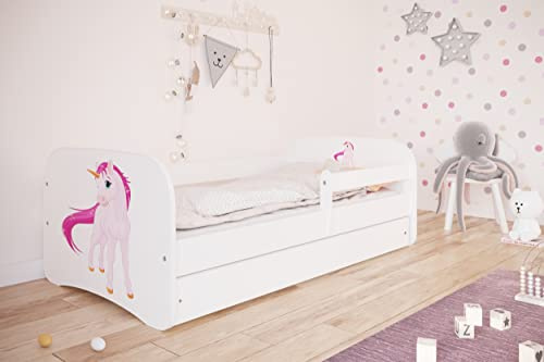 Bjird Kinderbett Jugendbett 70x140 80x160 80x180 cm Weiß mit Rausfallschutz Schublade und Lattenrost Kinderbetten für Mädchen und Junge - Einhorn 160 cm