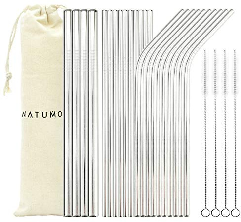 NATUMO Paille Premium en Acier Inoxydable INOX Set de 24 Pcs - 4 Brosses de Nettoyage Gratuites - Pailles Réutilisables Métalliques, Pailles de Boisson Cocktail Gin Lavable au Lave-Vaisselle
