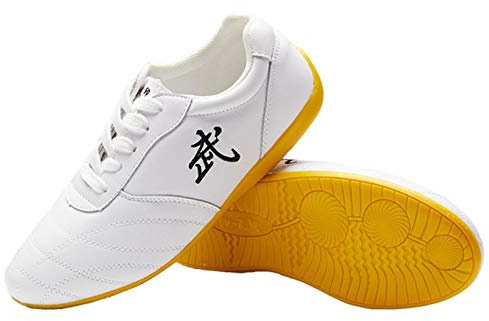 Taekwondo Shoes Taichi Kong Fu Sports Kung Fu Karate Training Classic Breathable Leather Lightweight Soft Ground Indoor and Outdoor for Men Women Teenager Kids (Color : White, Size : 45)