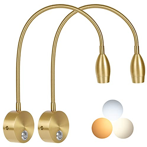 Adust Bedside Reading Light, Bedroom Reading Lamp, 3W LED Touch Dimmable Brightness Minimalist Wall Headboard Reading Lamp, Adjustable Colour Temperature, 3000k, 4000k, 6000k (Gold (2-Pack))