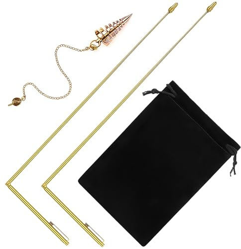 Jadive 2 Pièces Tiges de Divination Rétractables Poignée en Cuivre, or | Avec 1 Pièce Pendentif de Pendule de Radiesthésie, Pour Chasse aux Fantômes, Guérison Énergétique, Eau Divine