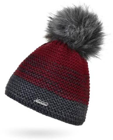 Neverless® Damen Mütze gefüttert Fleece-Innenfutter Fell-Bommel Kunstfell Wintermütze Bommelmütze Grobstrick Mehrfarbig