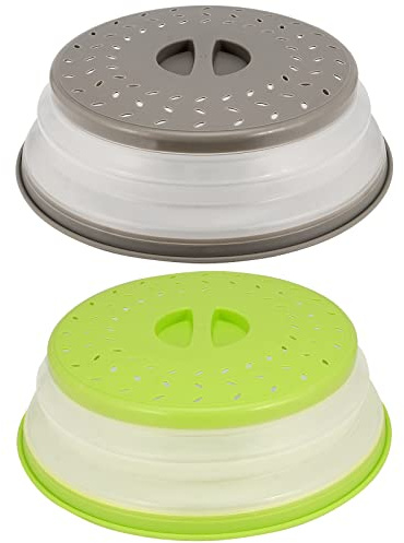 SEUNMUK 2 PCS 10.5 Inch Collapsible Microwave Splatter Cover, Silicone Microwave Food Cover with Steam Vents, Multi-Functional Plastic Fruit Basket Strainer, BPA-Free, Green and Gray