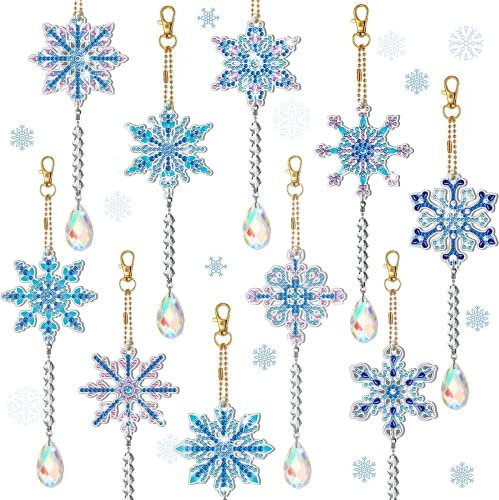 Johiux 5D Weihnachten Diamond Painting Schlüsselanhänger Bastelset, 10 Stück Schneeflocken Anhänger, DIY Winter Double-Sided Diamant-Anhänger